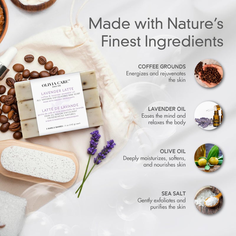 Olivia Care Exfoliating Bar Soap Lavender Latte 3 Pack Natural, Organic. Infused with Coffee Bean & Lavender Essential Oil - 3 X 5 OZ - Image 5